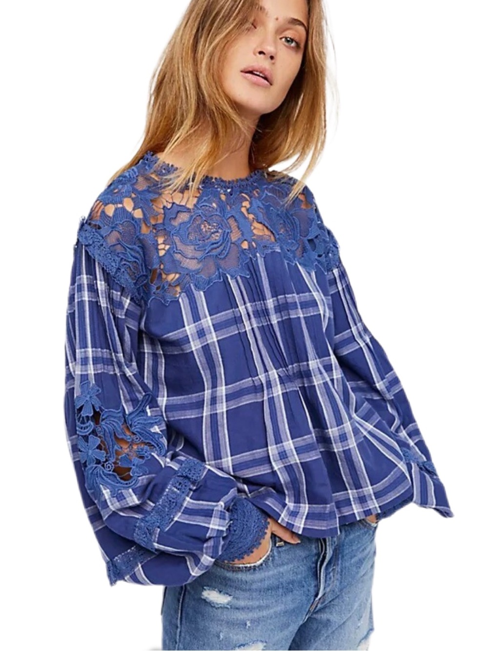 Free People Darling Diana Plaid Lace Boho Top Blouse Blue XS EUC